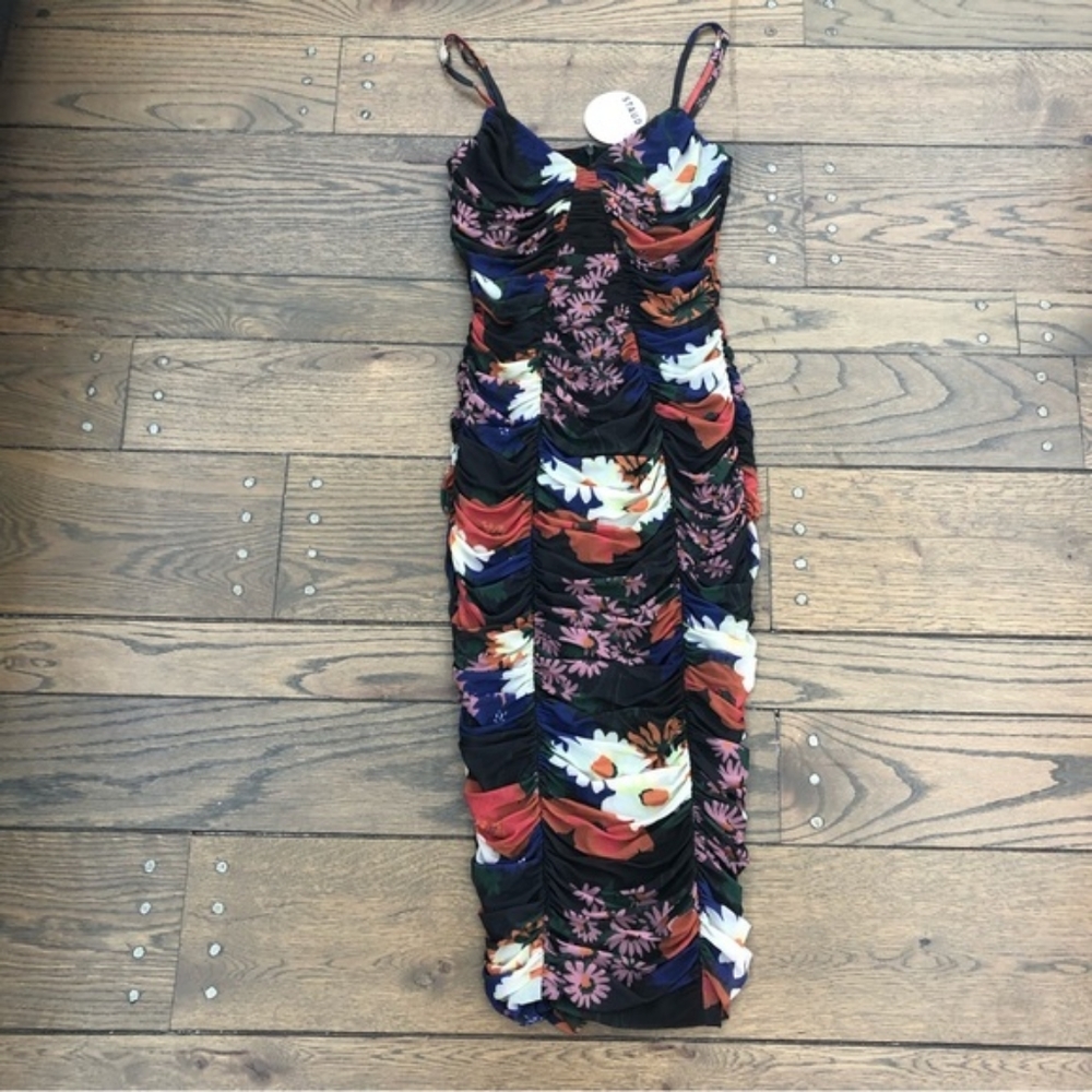 NWT Staud Debbie Floral Ruched Bodycon Midi Dress